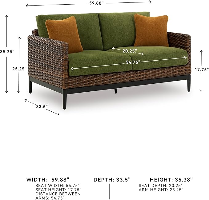 Signature Design by Ashley Horizon Hall Vintage Outdoor Nuvella Weather Resistant Fabric, Resin Wicker Loveseat with Cushion and 2 Accent Pillows, Green & Dark Brown