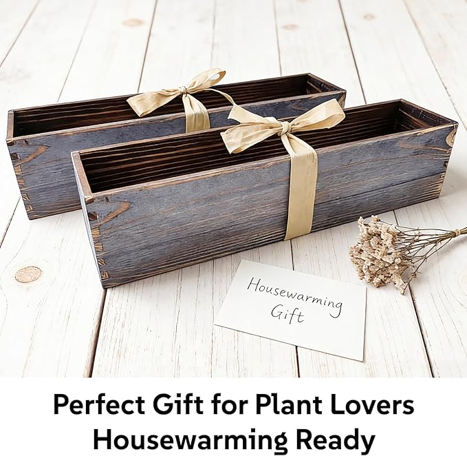 Wood Window Box Planter, 2 Pcs Rectangular Planter Boxes with Removable Plastic Liners, Long Indoor Window Box for Flowers & Succulents, 17.3 x 3.9 x 3.9 Inches