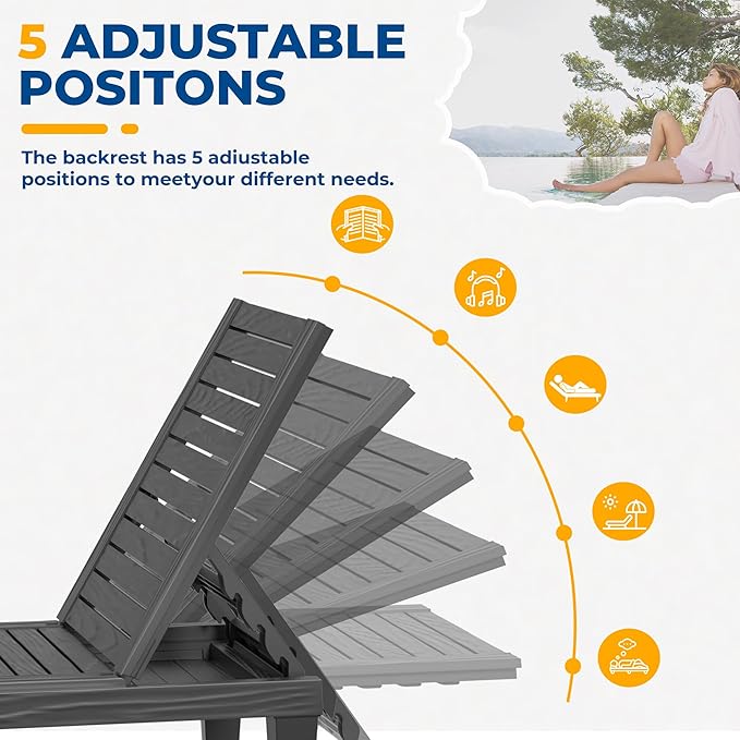 ROJIK Outdoor Chaise Lounge Chair Set of 2,with 5-Position Adjustable Backrest,Waterproof & Lightweight | Durable Indoor/Outdoor Patio Lounger Chair for Garden Pool Beach,Black
