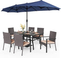 PHI VILLA 7 Pieces Patio Dining Set with Umbrella for 6, 60” Large Metal Iron Dining Table & Cushioned Rattan Wicker Chairs & 13ft Navy Blue Umbrella for Patio, Deck, Yard, Porch