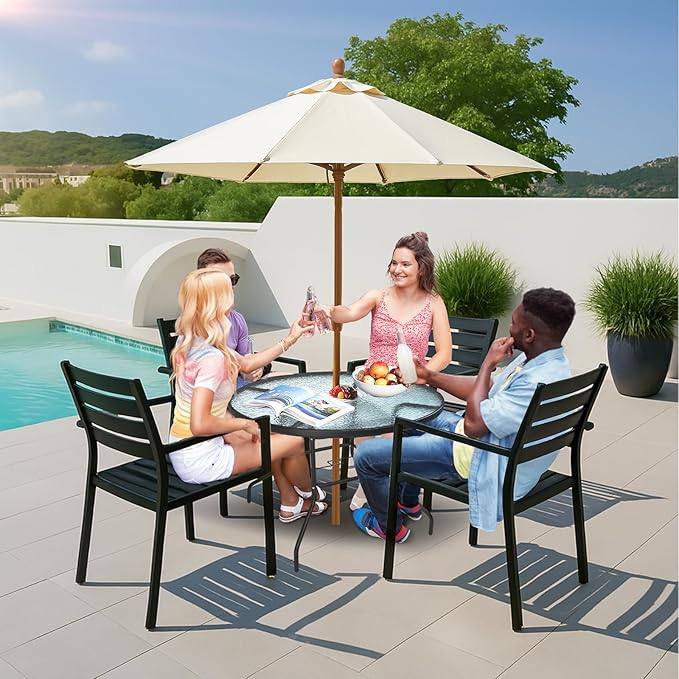 VINGLI 40'' Outdoor Dining Table with Umbrella Hole, All Weather Round Patio Table, Waterwave Tempered Glass Top and Metal Frame, for Garden Porch Balcony Yard