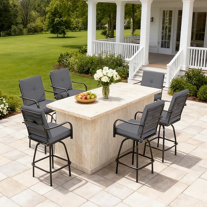 Outdoor Swivel Bar Stools Set of 6,Bar Height Patio Chairs with Cushions and High Backrest, All Weather Patio Bar Stools Furniture for Bistro Lawn, Pool, Garden and Backyard,Gray
