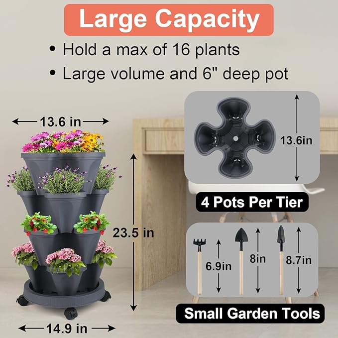 DUNCHATY Stackable Planter, Vertical Garden Planter with Wheels and Tools, Self Watering Strawberry Planter Indoor/Outdoor 4 Tier Herb Planter Pots for Growing Vegetables and Succulents, Dark Gray