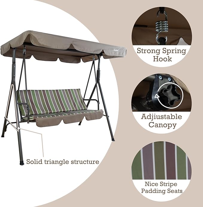 Kozyard Alicia 3-Seat Patio Swing, Outdoor Canopy Swing with Steel Frame, Adjustable Canopy and Removable Cushions for Porch Patio Garden Poolside, Lime Stripe