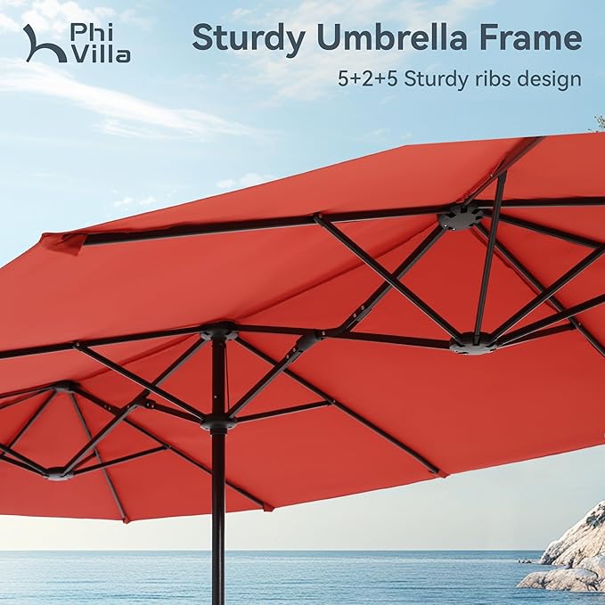 PHI VILLA 7 Pieces Outdoor Dining Set for 6 with Umbrella, 60" Long Metal Table & Swivel Iron Chairs with Cushions & 13ft Red Umbrella, Modern Steel Furniture Set for Patio, Deck, Yard, Porch