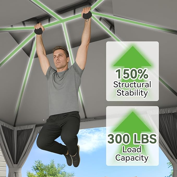 Aoxun 10x12 Outdoor Gazebo with 50FT LED Hanging Lights Metal Frame Canopy with Double Roofs Heavy Duty Party Tent and Shelter with Mosquito Netting and Privacy Screen for Backyard, Lawn, Garden(Gray)