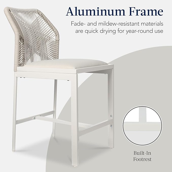 Best Choice Products Indoor Outdoor Counter Height Bar Stools Set of 2, Armless Kitchen Counter Stools w/Back and Footrest, Built-in Cushion, Aluminum Frame - White/Alpine