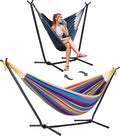 SUNCREAT 2-in-1 Convertible Backyard Fabric Hammock with Stand, Large Hammocks for Outside, Patented, Purple Stripe