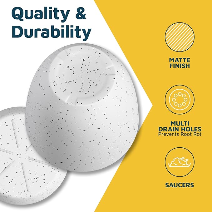 White Gray Plant Pots with Drainage Holes & Saucers 5 Pack, Indoor & Outdoor Stackable Space-Saving Planters for Houseplants & Flowers, (7", 6.7", 6", 5.3", and 4.8" Inches), Durable & Weatherproof