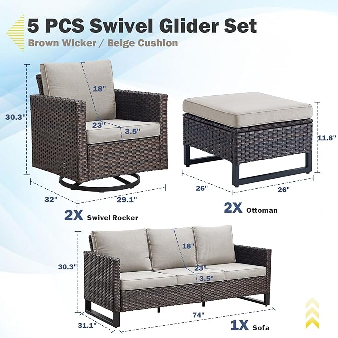Belord Wicker Patio Furniture 5 Piece Outdoor Sofa Set, Oversize Outdoor Swivel Rocker Chairs with Rattan Ottomans, Conversation Sets Patio Furniture Come with Removable Cushion Beige, Anti-Rust Frame
