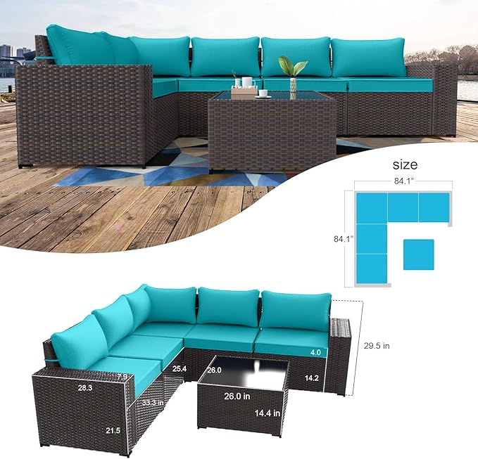 Kullavik 6PCS Outdoor Patio Furniture Set PE Wicker Rattan Sectional Sofa Patio Conversation Sets,Blue