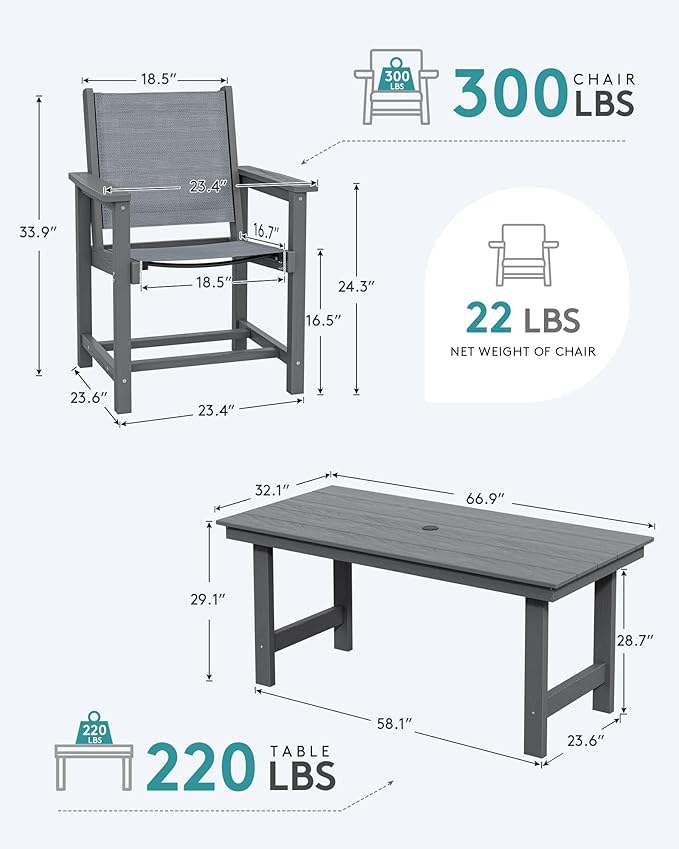 SERWALL Textilene Outdoor Dining Chair Set of 2, HDPE Frame with Textile Chair Seat, Holds up to 300 LBS, All Weather Resistant Chairs for Lawn, Garden, Yard and Poolside, Gray, Grey