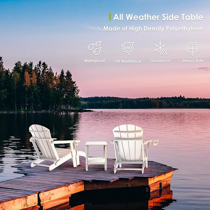 GREENVINES Adirondack-Outdoor-Side-Table | Set of 2 | 14 x 13 Inches | HDPE Plastic | All Weather | White | Outside End Tables | Storage Shelf | for Patio Porch Backyard Indoor