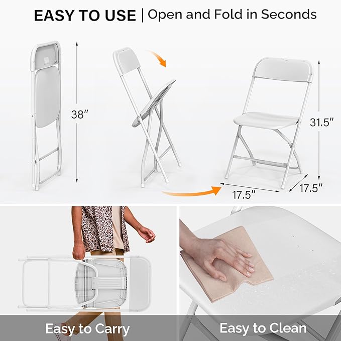 VINGLI 6 Pack White Plastic Folding Chair, Indoor Outdoor Portable Stackable Commercial Seat with Steel Frame 350lb. Capacity for Events Office Wedding Party Picnic Kitchen Dining
