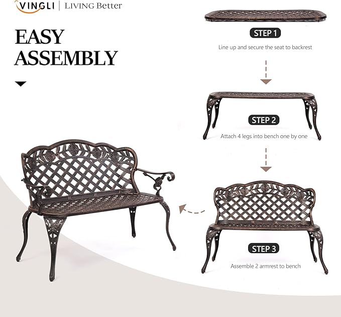VINGLI 42.5" Patio Garden Bench Outdoor Metal Rose Loveseat, Cast Iron Cast Aluminium Frame Antique Finish Park Chair, Accommodates 2-3 People