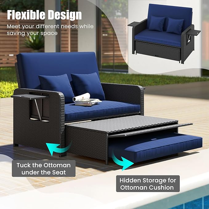 HAPPYGRILL Patio Rattan Wicker Daybed with Loveseat & Storage Ottoman, Outdoor Lounge Sofa Furniture Set with Adjustable Backrest & Side Trays, for Poolside Deck Porch Lawn (Black & Navy)