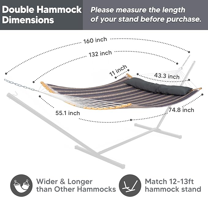SUNCREAT Hammocks Portable Double Hammock with Curved Spreader Bar, 450 lbs Capacity, Heavy Duty Outdoor Hammock with Carrying Bag, Gray Stripes