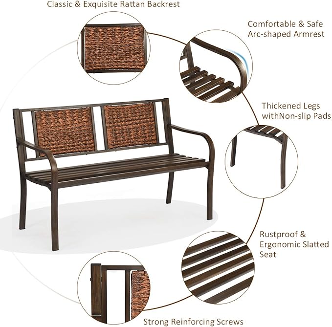 S AFSTAR Outdoor Garden Bench, Brown, Iron, Metal, Polyethylene, Rattan, 50.5 in Width, 2 Adults