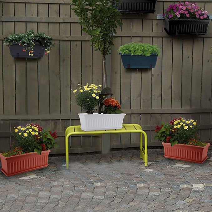 GREANER Long Planters for Outdoor Plants, 3 Pack 16.9x7.48 Inch Flower Windowsill Plastic Countryside Vegetable Box Pot with Tray for Plant Growing DIY in Garden, Balcony, Houses - Red