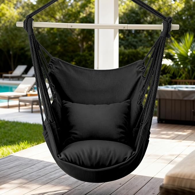 MoNiBloom Hammock Chair Hanging Rope Swing w/2 Cushions, Boho Macrame Hanging Chair Max 350 lbs Capacity w Pocket, Hardware Kit Included, Black