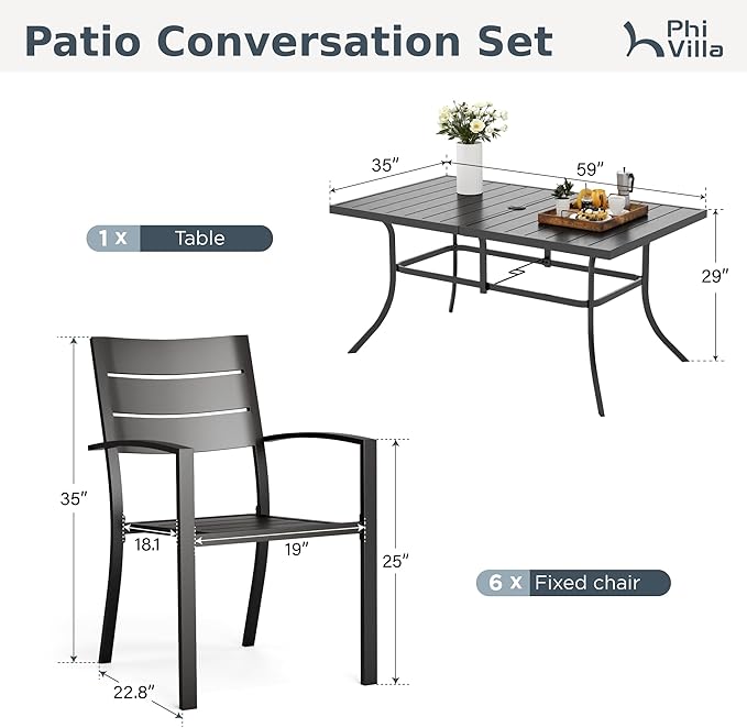 PHI VILLA 7 Pieces Outdoor Patio Dining Set for 6, 59”Rectangular Metal Steel Table with Umbrella Hole & Stackable Wrought Iron Chairs, Outside Furniture Set for Deck, Porch, Backyard