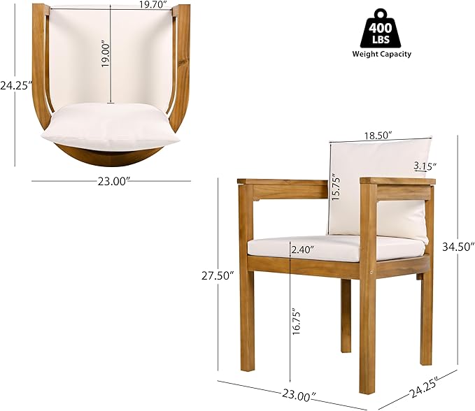 Christopher Knight Home Kclent Patio Acacia Wood Dining Set for 6 People, Outdoor Dinner Table & Chairs with Hollow Armrest, Removable Cushions, 7 Piece Patio Set for Backyard Deck, Teak+ Beige