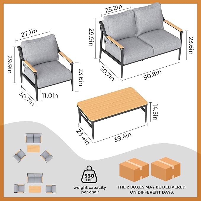 4 Pieces Outdoor Sofa Conversation Set, 4 Seats Couch Set with Table, Metal Frame Rope Weaving Design UV Resistance Waterproof for Patio Garden Balcony, Grey