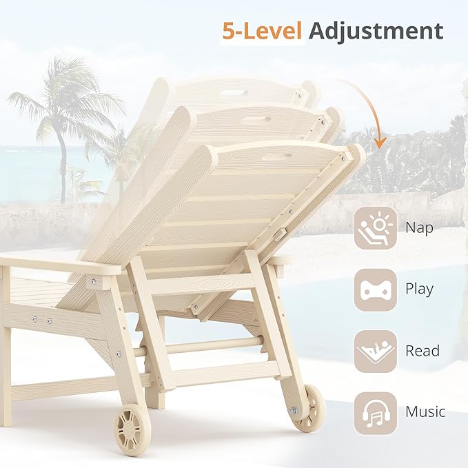 LUE BONA Chaise Lounge Chair with Table, 6-Piece, HDPS Chaise Lounger, 5 Positions Adjustable Lounge Chairs, Pool Lounge Chair with Wheels for Poolside, Backyard, Sand