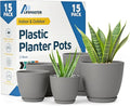 Gray Plant Pots with Drainage Holes & Saucers 15 Pack, Indoor & Outdoor Stackable Space-Saving Planters for Houseplants & Flowers, (7", 6.7", 6", 5.3", and 4.8" Inches), Durable & Weatherproof
