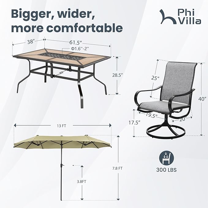 PHI VILLA Patio Dining Set with Umbrella for 6 Person, Outdoor Swivel Dining Chairs & 1 Large Wooden-Like Top Table with 13ft Beige Outdoor Umbrella for Deck Lawn (No Umbrella Base)