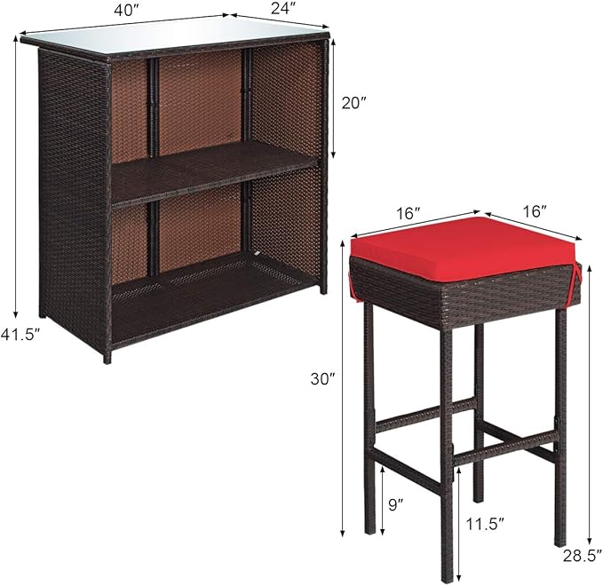 Tangkula Patio Bar Set, 3 Piece Outdoor Rattan Wicker Bar Set with 2 Cushions Stools & Glass Top Table, Outdoor Furniture Set for Patios Backyards Porches Gardens Poolside (Red)