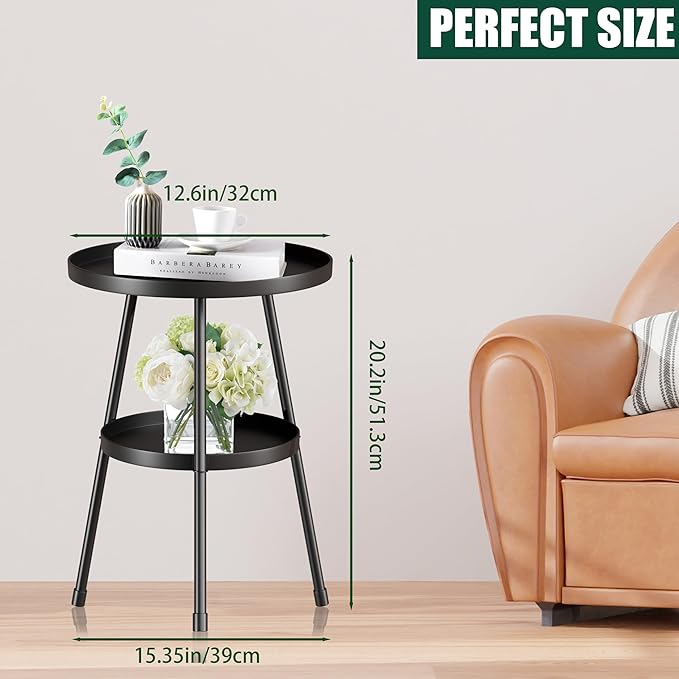 SYQ Round Metal Side Table Small End Table for Indoor Outdoor, Mid Century Modern Decor, Simple Circle Accent Table for Living Room Bedroom Bathroom Office All Matte Black