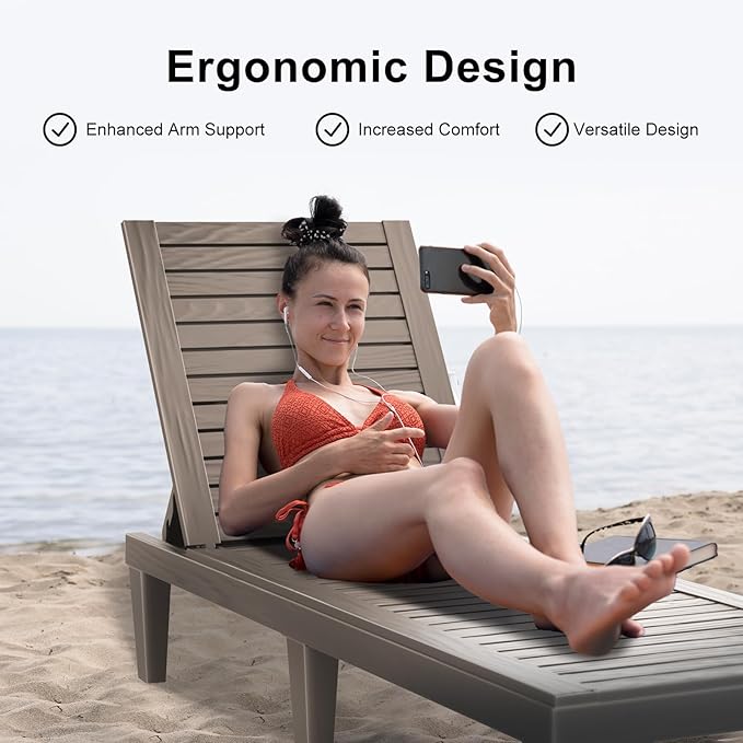 ROJIK Outdoor Chaise Lounge Chair with 5-Position Adjustable Backrest,Waterproof & Lightweight | Durable Indoor/Outdoor Patio Lounger Chair for Garden Pool Beach,(Single, Grey)