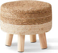 Wimarsbon Round Foot Stool Natural Seagrass Poufs Ottoman Hand Weave Footrest Stool for Couch Desk Extra Seat Step Stool with Solid Wood Legs for Hallway Patio Lounge White