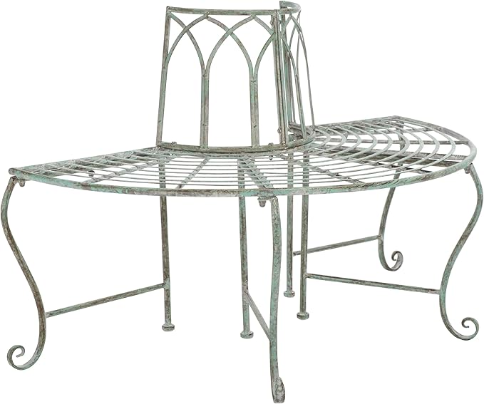 SAFAVIEH Outdoor Furniture Collection – Abia Antique Dark Green Distressed Wrought Iron 50-Inch Curved Tree Bench, Garden & Patio Seating (PAT5018D)