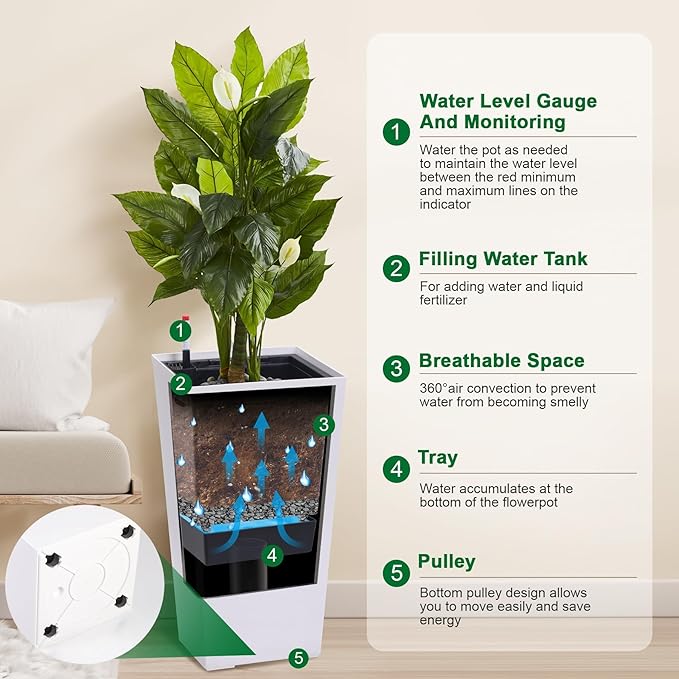 30 Inch Tall Self Watering Planters Set of 2, Outdoor Plant Pots with Automatic Watering System, Water Level Monitor, Drainage, Wheels & Inner Bucket, for Front Porch & Indoor Plants White