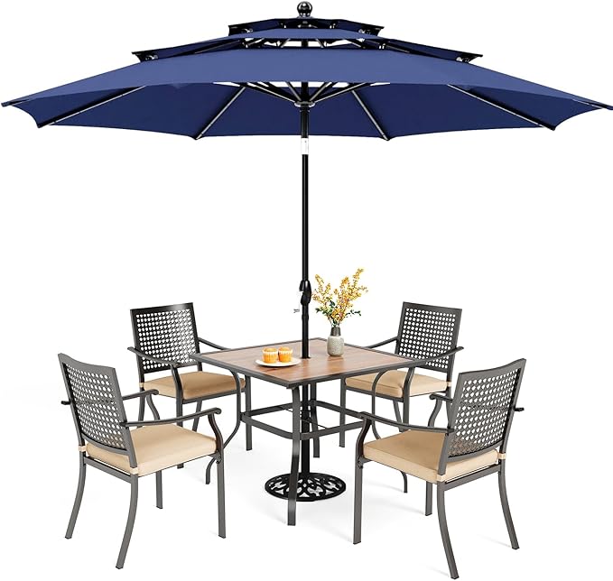 PHI VILLA 5 Pieces Outdoor Dining Set for 4 with Umbrella, 37" Square Wood-Like Steel Table & Stackable Iron Chairs with Cushions & 10ft Blue Umbrella, Modern Furniture for Patio, Deck, Yard, Porch