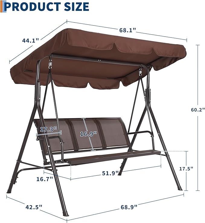 Porch Swing with Adjustable Canopy for Adults 3-Seat Outdoor Waterproof Textilene & Steel Frame Patio Swing Bench for Backyard Lawn Garden Brown