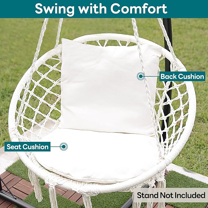 JoyView Macrame Hammock Chair Hanging Swing Chair Max 330 Lbs with 2 Cushions and Hardware Kits for Indoor Outdoor Bedroom Patio Garden - Beige