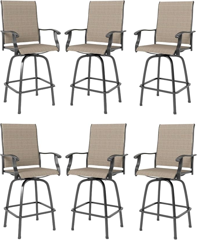 MFSTUDIO Outdoor Bar Stools Set of 6, Swivel Bar Height Patio Chairs Outdoor Barstools High Top Patio Swivel Bar Chairs, Breathable Textilene