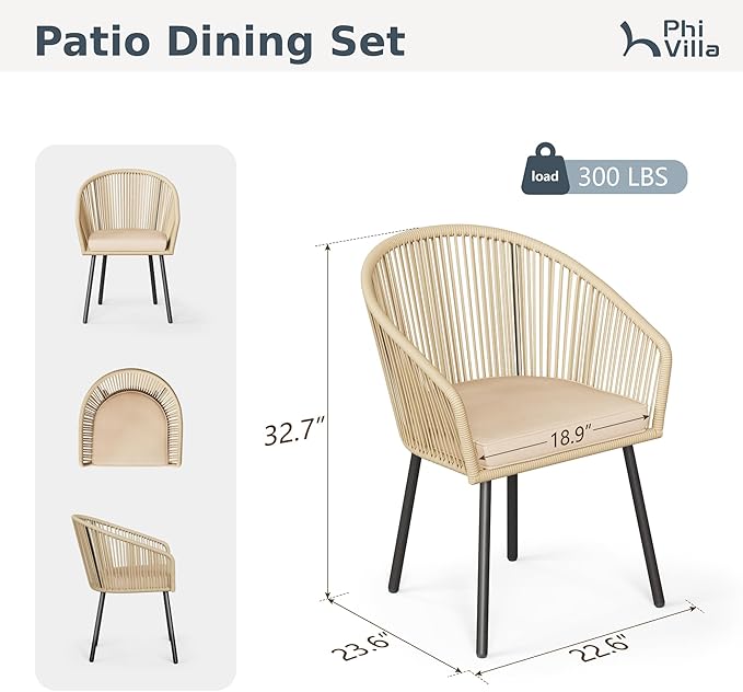 PHI VILLA Patio Wicker Chairs Set of 4, Outdoor Modern Brown Rope Rattan Chairs with Metal Legs & Cushions, Outside Dining Bistro Furniture for Deck, Porch, Backyard