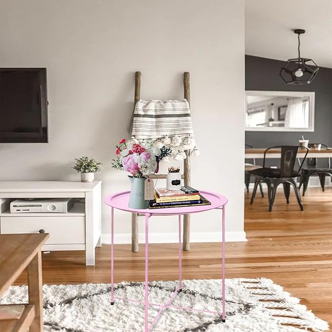 Garden 4 you End Table 2 PCS Metal Side Table Pink Round Folding Tray Cyan Sofa Small Accent Fold-able Table, Round End Table Tray, Next to Sofa Table, Snack Table for Living Room and Bed Room