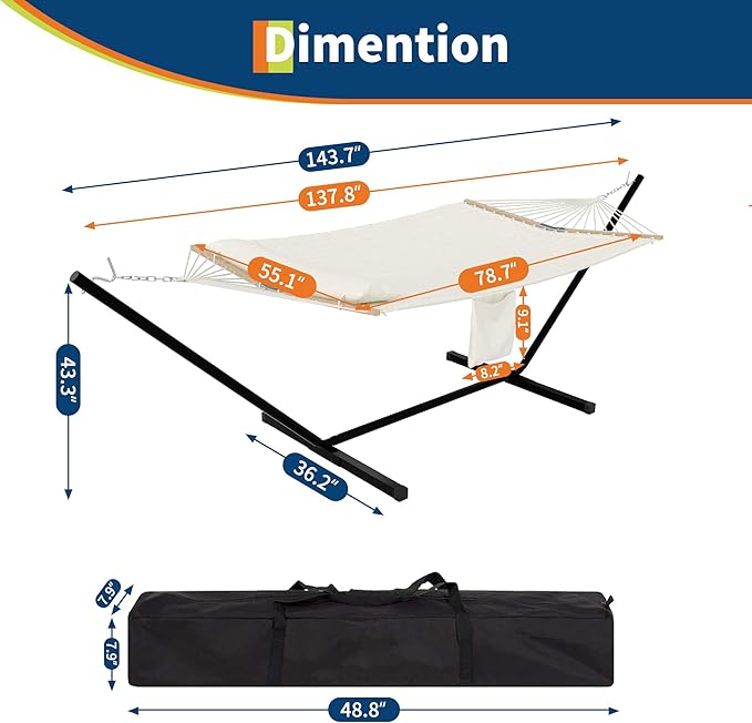 2 Person Hammock with Stand, Portable Outdoor Hammock, Heavy Duty Hammock with Carrying Bag, Soft Pillow, Balance Ropes, White
