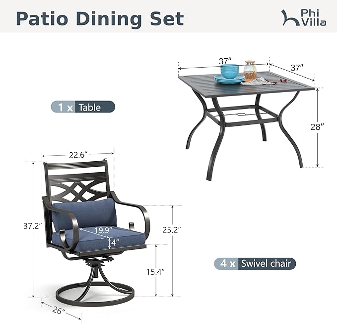 PHI VILLA 5 Pieces Outdoor Dining Set for 4, 37" Square Metal Table with Umbrella Hole & Wrought Iron Swivel Chairs, All Weather Outside Furniture with Blue Cushions & Pillows for Patio, Deck, Porch