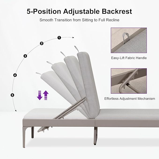 PURPLE LEAF Outdoor Chaise Lounge Set of 4 Aluminum Adjustable Patio Lounger Chairs with Cushions Reclining Beach Daybed for Poolside Balcony Deck Backyard, Champagne