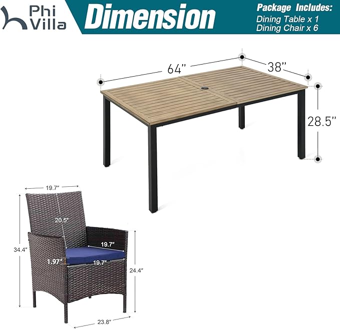 PHI VILLA 7 Pieces Outdoor Dining Set for 6, 65” Wood-Like Metal Steel Dining Table & Rattan Wicker Chairs with Cushions, Large Dining Furniture Set for Patio, Deck, Yard, Porch