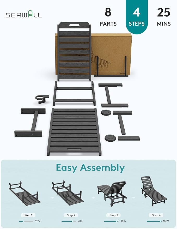 SERWALL Outdoor Chaise Lounge Chair, HDPE Patio Lounge Chair with Cup Holder, 5 Positions Adjustable Poly Lounger with Rolling Wheels for Poolside, Deck, Sunbathing, Grey