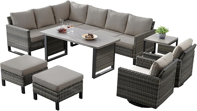 Belord Patio Sectional Furniture Set with Coffee Table: 8 Pieces Wicker Patio Conversation Set with L Shaped Sofa, Outdoor Swivel Glider Rocker, Rattan Ottomans, Removable