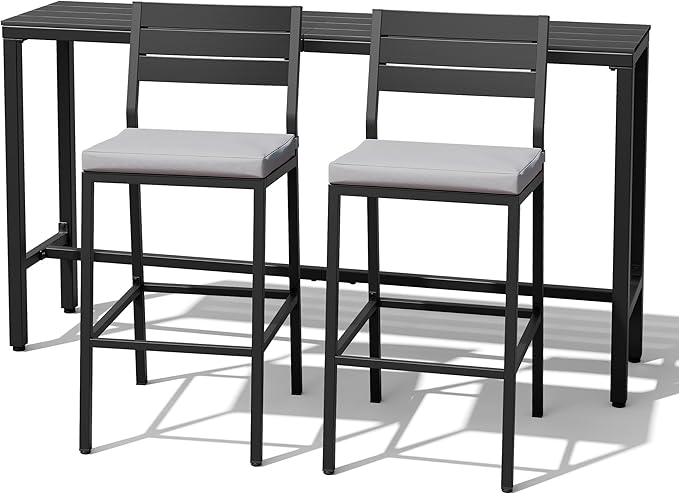 Crestlive Products Outdoor Bar Table and Chairs Set, 3 Piece Outside Patio Bar Set with 63" Long Bar Table and 2 Bar Stools for Balcony, Bistro, Garden, Backyard(Black Desktop and Light Gray Cushion)