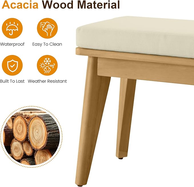 Wisteria Lane Acacia Outdoor Bench with Removable and Washable Cushion, 59" L×15.82" W Porch Bench, All-Weather Solid Wood Outside Chair for Proch Garden, Lawn